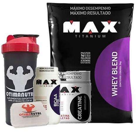 Combo - Whey Blend 2000g Morango + Creatina 150g + BCAA + Porta Caps + Coqueteleira - Max Titanium Menor preço em Combo - Whey Blend 2000g Morango + Creatina 150g + BCAA + Porta Caps + Coqueteleira - Max Titanium