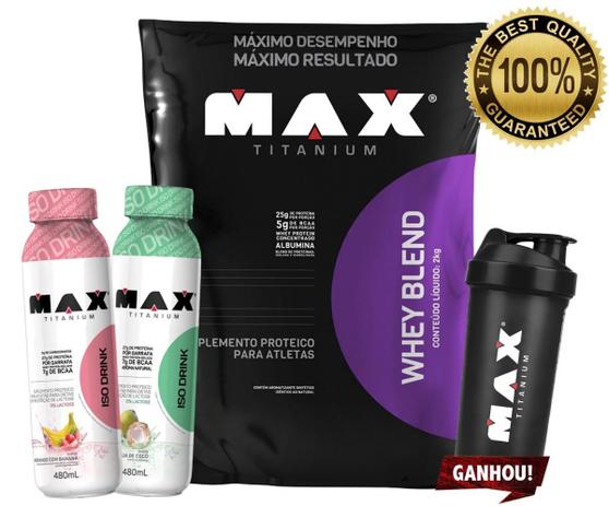 Combo Whey Blend 2kg + 2x Iso Drink 480 + Coq - Max Titanium Menor preço em Combo Whey Blend 2kg + 2x Iso Drink 480 + Coq - Max Titanium