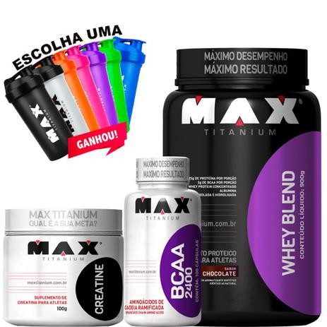 Combo Whey Blend 900g + Bcaa 100 caps + Creatina 100g + Coq - Max tianium Menor preço em Combo Whey Blend 900g + Bcaa 100 caps + Creatina 100g + Coq - Max tianium