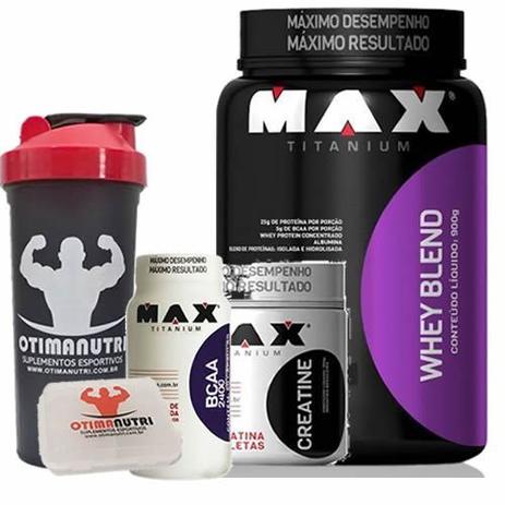 Combo - Whey Blend 900g Vit de Frutas + Creatina 150g + BCAA + Porta Caps + Coqueteleira - Max Titanium Menor preço em Combo - Whey Blend 900g Vit de Frutas + Creatina 150g + BCAA + Porta Caps + Coqueteleira - Max Titanium