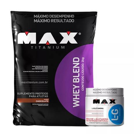 Combo whey blend chocolate (2kg) + l-glutamina (300g) - max titanium - Max force Menor preço em Combo whey blend chocolate (2kg) + l-glutamina (300g) - max titanium - Max force