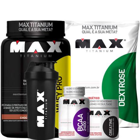 Combo: Whey Pro 1kg + Dextrose 1kg + Creatina 150g + Bcaa 100caps + Coqueteleira - Max Titanium Menor preço em Combo: Whey Pro 1kg + Dextrose 1kg + Creatina 150g + Bcaa 100caps + Coqueteleira - Max Titanium