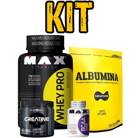 Combo whey pro morango + albumina + bcaa + creatina - Kit Menor preço em Combo whey pro morango + albumina + bcaa + creatina - Kit
