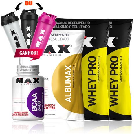Combo Whey Protein 1,5kg + Albumax Bcaa Coq Max Titanium Menor preço em Combo Whey Protein 1,5kg + Albumax Bcaa Coq Max Titanium