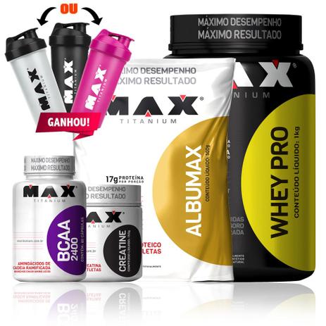 Combo Whey Protein + Bcaa + Creatina + Albumina + Coqueteleira - Max titanium Menor preço em Combo Whey Protein + Bcaa + Creatina + Albumina + Coqueteleira - Max titanium