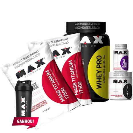 Combo Whey Proten +mass 17500+bcaa+creatina Max Chocolate!!! - Max titanium Menor preço em Combo Whey Proten +mass 17500+bcaa+creatina Max Chocolate!!! - Max titanium