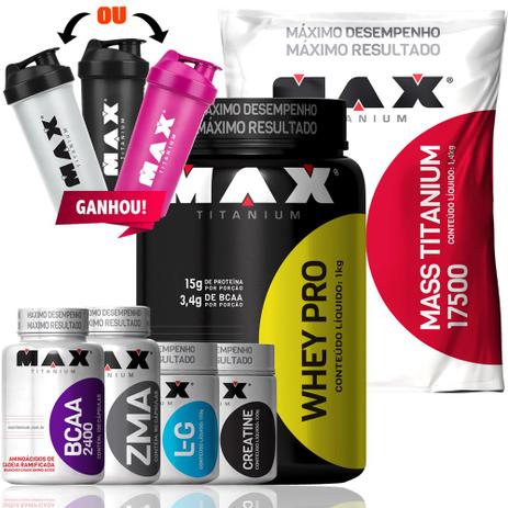 Combo Whey Proten Mass17500 Bcaa 2400 Gluta Creti Zma - Max titanium Menor preço em Combo Whey Proten Mass17500 Bcaa 2400 Gluta Creti Zma - Max titanium