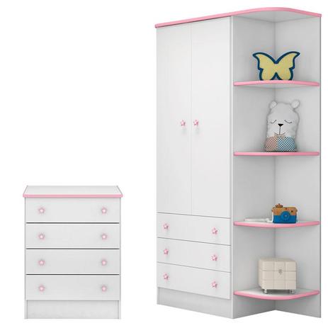 Cômoda 103 e Guarda Roupa Infantil 105 2 Portas com Cantoneira Doce Sonho Branco Rosa Brilho Qmovi Menor preço em Cômoda 103 e Guarda Roupa Infantil 105 2 Portas com Cantoneira Doce Sonho Branco Rosa Brilho Qmovi