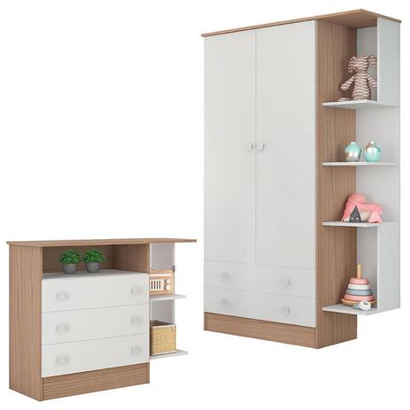 Cômoda 104 e Guarda Roupa Infantil 106 2 Portas com Nicho Doce Sonho Carvalho Branco Brilho Qmovi Menor preço em Cômoda 104 e Guarda Roupa Infantil 106 2 Portas com Nicho Doce Sonho Carvalho Branco Brilho Qmovi