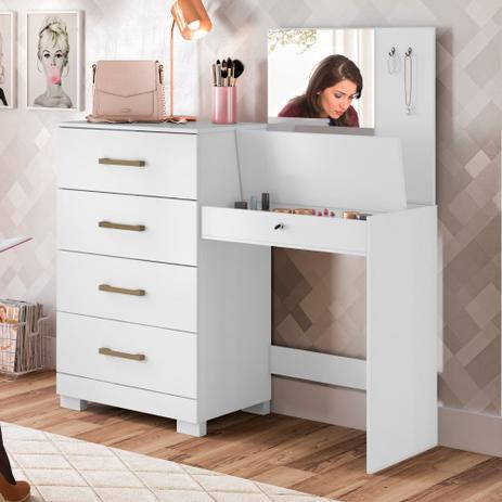 Cômoda com Penteadeira com Espelho 4 Gavetas Gênova Branco - Moval Menor preço em Cômoda com Penteadeira com Espelho 4 Gavetas Gênova Branco - Moval