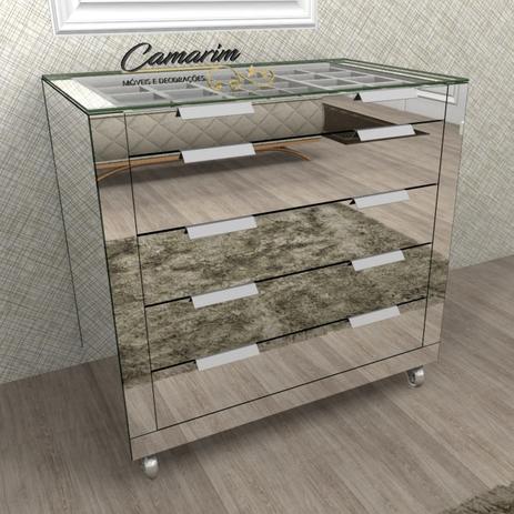 Cômoda Espelhada Moderna c/ Portajoia Tampo de Vidro e interior Branco Com09PX - Camarim Móveis Menor preço em Cômoda Espelhada Moderna c/ Portajoia Tampo de Vidro e interior Branco Com09PX - Camarim Móveis