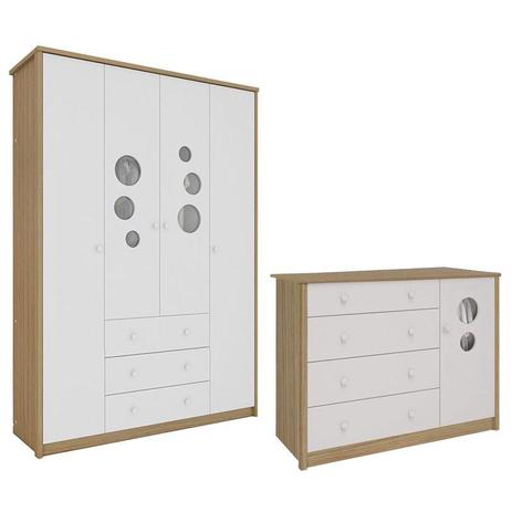 Comoda Infantil 1 Porta e Guarda Roupa 4 Portas Lipe Branco Brilho Carvalho - Peroba Móveis Menor preço em Comoda Infantil 1 Porta e Guarda Roupa 4 Portas Lipe Branco Brilho Carvalho - Peroba Móveis