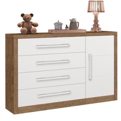 Cômoda Infantil Affetto 4 Gavetas 1 Porta 100 MDF Branco Acetinado/ Amêndoa - Planet Baby Menor preço em Cômoda Infantil Affetto 4 Gavetas 1 Porta 100 MDF Branco Acetinado/ Amêndoa - Planet Baby