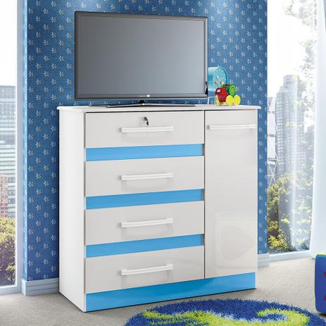 Cômoda Infantil Grécia 4 Gavetas 1 Porta e 1 Prateleira - Branco/ Azul - Albatroz Menor preço em Cômoda Infantil Grécia 4 Gavetas 1 Porta e 1 Prateleira - Branco/ Azul - Albatroz