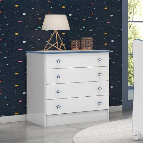 Cômoda infantil qmóveis doce sonho 04 gavetas branca com detalhes em azul Menor preço em Cômoda infantil qmóveis doce sonho 04 gavetas branca com detalhes em azul