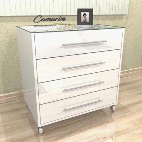 Comoda Moderna com Tampo De Vidro E Porta Joia - Puxador Haste Com02 - BRANCO BRILHANTE - Camarim Móveis Menor preço em Comoda Moderna com Tampo De Vidro E Porta Joia - Puxador Haste Com02 - BRANCO BRILHANTE - Camarim Móveis