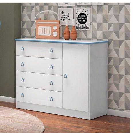 Comoda Sapateira 01 Porta 04 Gavetas Doce Sonho Azul com Branco - QMovi Menor preço em Comoda Sapateira 01 Porta 04 Gavetas Doce Sonho Azul com Branco - QMovi