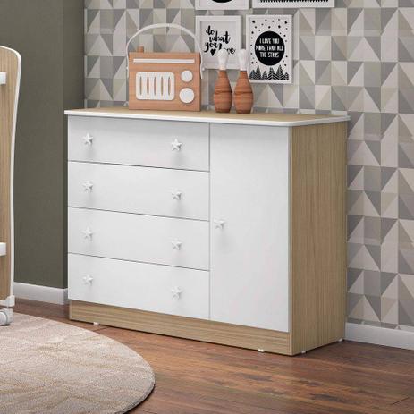 Comoda Sapateira 01 Porta 04 Gavetas Doce Sonho Carvalho com Branco - QMovi Menor preço em Comoda Sapateira 01 Porta 04 Gavetas Doce Sonho Carvalho com Branco - QMovi
