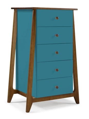 Cômoda Stoka 5 Gavetas Nogal e Azul - Máxima Menor preço em Cômoda Stoka 5 Gavetas Nogal e Azul - Máxima