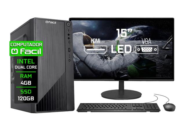 Computador Completo Fácil Intel 4GB SSD 120GB Monitor 15" HDMI LED Teclado e Mouse - Fácil Computadores Menor preço em Computador Completo Fácil Intel 4GB SSD 120GB Monitor 15" HDMI LED Teclado e Mouse - Fácil Computadores