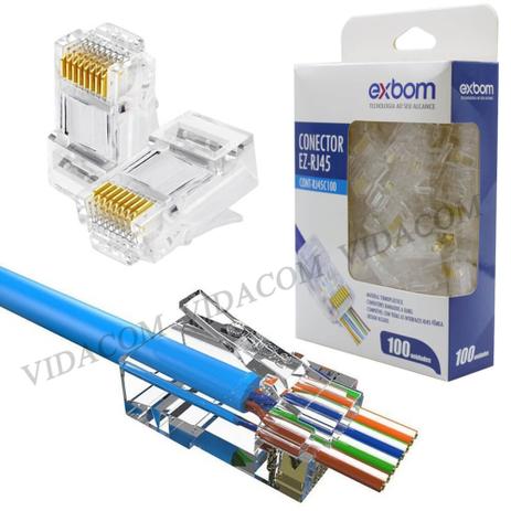 Conector para cabo de rede ez-rj45 vazado cat5e ez crimp pacote com 100un exbom cont-rj45c100 Menor preço em Conector para cabo de rede ez-rj45 vazado cat5e ez crimp pacote com 100un exbom cont-rj45c100