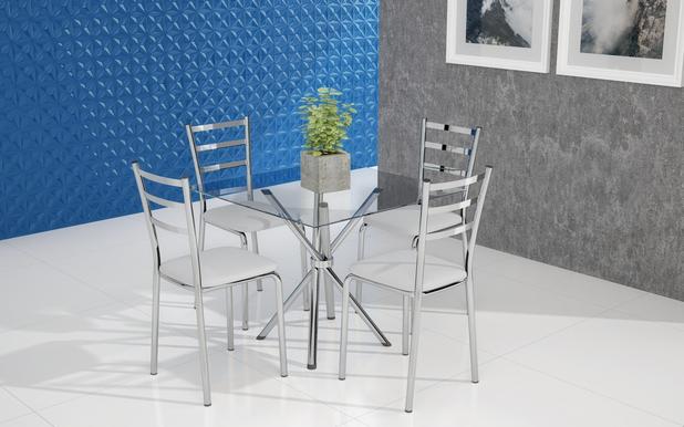 Conj Pozza Cj11 Mesa Tampo Vidro C/ 4 Cadeiras Vinil Branco/Cromado - Moveis Pozza - Móveis Pozza Menor preço em Conj Pozza Cj11 Mesa Tampo Vidro C/ 4 Cadeiras Vinil Branco/Cromado - Moveis Pozza - Móveis Pozza