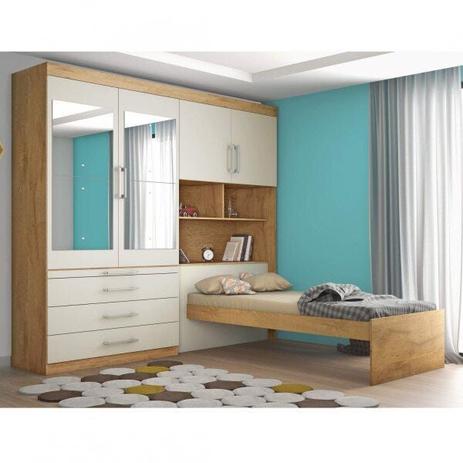 Conjugado solteiro 2 Portas de Bater 3 Gavetas Europa Lyon Espelho + Kit cama Baú Amêndoa/Off white - MOVEIS EUROPA Menor preço em Conjugado solteiro 2 Portas de Bater 3 Gavetas Europa Lyon Espelho + Kit cama Baú Amêndoa/Off white - MOVEIS EUROPA