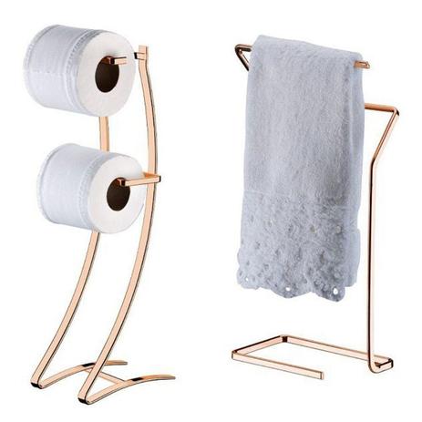 Conjunto 01 Suporte para papel higiênico de chão duplo 01 porta toalha de Bancada Rose Gold - Future Menor preço em Conjunto 01 Suporte para papel higiênico de chão duplo 01 porta toalha de Bancada Rose Gold - Future