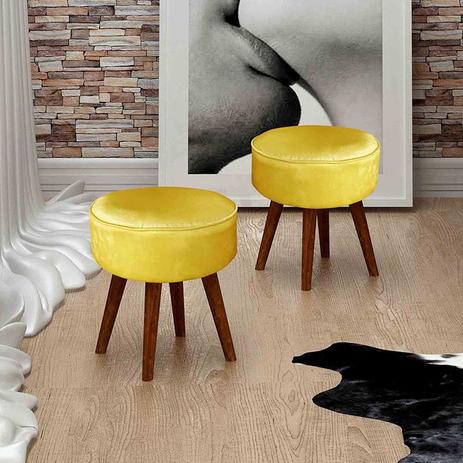 Conjunto 02 Puffs Decorativos Redondos com Pés em Madeira - Bella decor Menor preço em Conjunto 02 Puffs Decorativos Redondos com Pés em Madeira - Bella decor