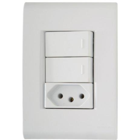 Conjunto 2 interruptores simples + 1 tomada 2P+T 20A 4x2 branco - LIZ - Tramontina Menor preço em Conjunto 2 interruptores simples + 1 tomada 2P+T 20A 4x2 branco - LIZ - Tramontina