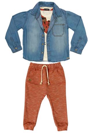 Conjunto 3 Peças de Calça Moletinho com Camisa Jeans e Camiseta Ser Garoto Azul Menor preço em Conjunto 3 Peças de Calça Moletinho com Camisa Jeans e Camiseta Ser Garoto Azul