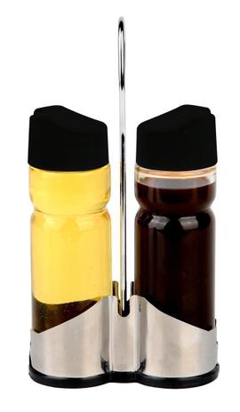 Conjunto 3 peças galheteiro de vidro com tampa de plástico e suporte de aço inox Donatello Bon Gourmet - 26894 Menor preço em Conjunto 3 peças galheteiro de vidro com tampa de plástico e suporte de aço inox Donatello Bon Gourmet - 26894