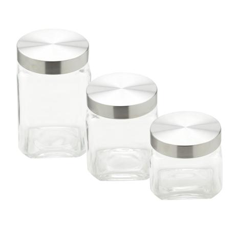 Conjunto 3 peças porta-mantimento de vidro transparente e tampa de aço inox Quadrado Bon Gourmet - 26322 Menor preço em Conjunto 3 peças porta-mantimento de vidro transparente e tampa de aço inox Quadrado Bon Gourmet - 26322