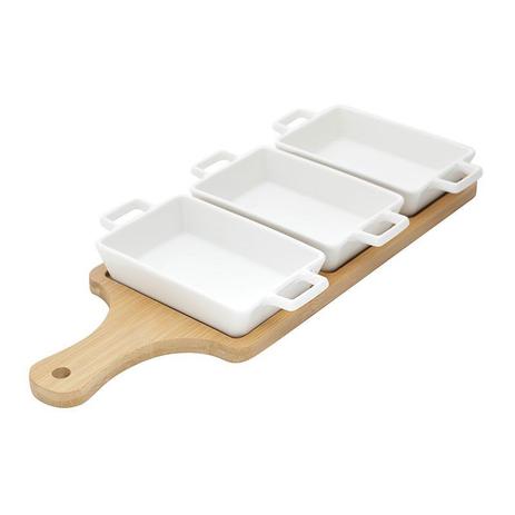 Conjunto 3 Petisqueiras de Porcelana com Tábua de Bambu 36x15x4cm - Bon Gourmet Menor preço em Conjunto 3 Petisqueiras de Porcelana com Tábua de Bambu 36x15x4cm - Bon Gourmet