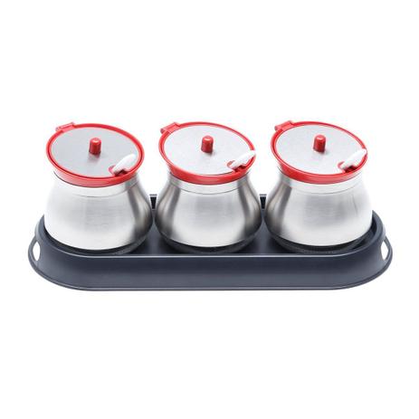 Conjunto 4 peças porta temperos de aço inox e vidro com suporte Bounce Bon Gourmet - 25809 Menor preço em Conjunto 4 peças porta temperos de aço inox e vidro com suporte Bounce Bon Gourmet - 25809