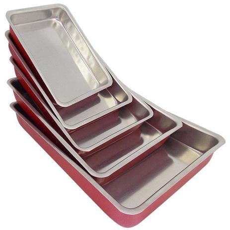 Conjunto 5 Assadeiras de Alumínio Retangular (Fôrma) - Vermelho - Koup Menor preço em Conjunto 5 Assadeiras de Alumínio Retangular (Fôrma) - Vermelho - Koup