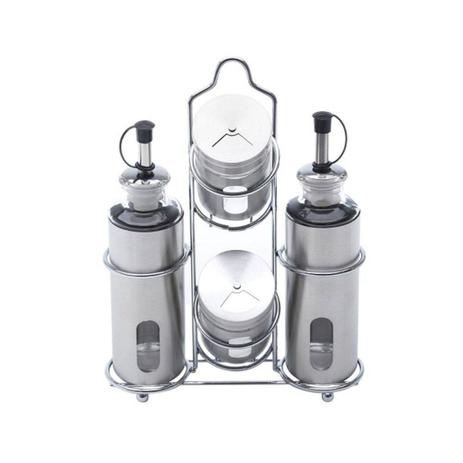 Conjunto 5 Peças Galheteiro de Aço Inox e Vidro Pointer 17,5cmx9cmx24cm Rojemac Menor preço em Conjunto 5 Peças Galheteiro de Aço Inox e Vidro Pointer 17,5cmx9cmx24cm Rojemac