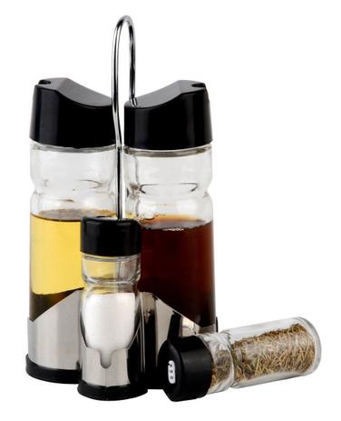 Conjunto 5 peças galheteiro de vidro com tampa de plástico e suporte de aço inox Donatello Bon Gourmet - 26893 Menor preço em Conjunto 5 peças galheteiro de vidro com tampa de plástico e suporte de aço inox Donatello Bon Gourmet - 26893