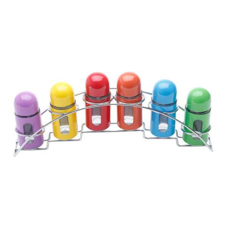 Conjunto 7 Peças Porta Temperos de Aço Inox e Vidro Colorido 33cmx6cmx14cm Rojemac Menor preço em Conjunto 7 Peças Porta Temperos de Aço Inox e Vidro Colorido 33cmx6cmx14cm Rojemac