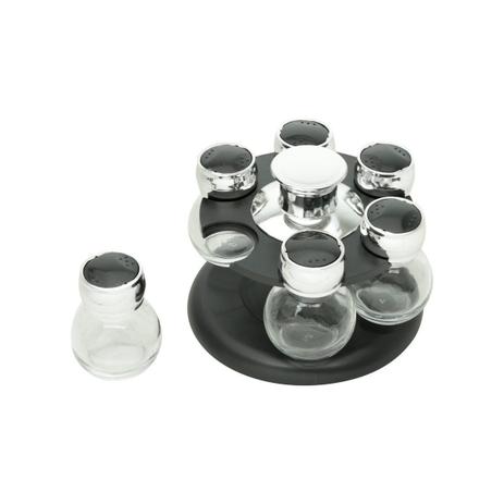 Conjunto 7 peças porta temperos de vidro com tampa de plástico e base giratória preta Poli Bon Gourmet - 26887 Menor preço em Conjunto 7 peças porta temperos de vidro com tampa de plástico e base giratória preta Poli Bon Gourmet - 26887