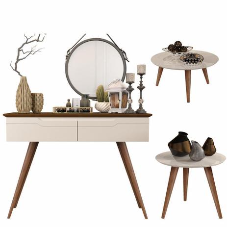 Conjunto Aparador 2 Gavetas / Mesa Centro e Lateral Cissa - Off White / Freijó - RPM Móveis Menor preço em Conjunto Aparador 2 Gavetas / Mesa Centro e Lateral Cissa - Off White / Freijó - RPM Móveis
