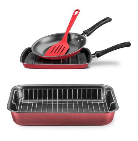 Conjunto Assadeira com Grelha Frigideira Bistequeira e Espatula Vermelho - Mta Menor preço em Conjunto Assadeira com Grelha Frigideira Bistequeira e Espatula Vermelho - Mta