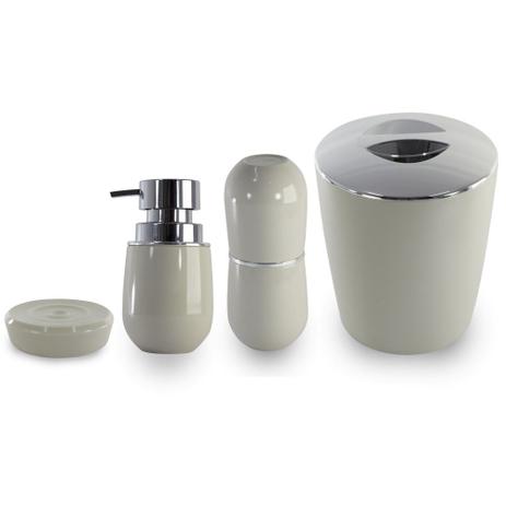 Conjunto Banheiro Bege Lixeira Porta Sabonete Escova - Ou Menor preço em Conjunto Banheiro Bege Lixeira Porta Sabonete Escova - Ou