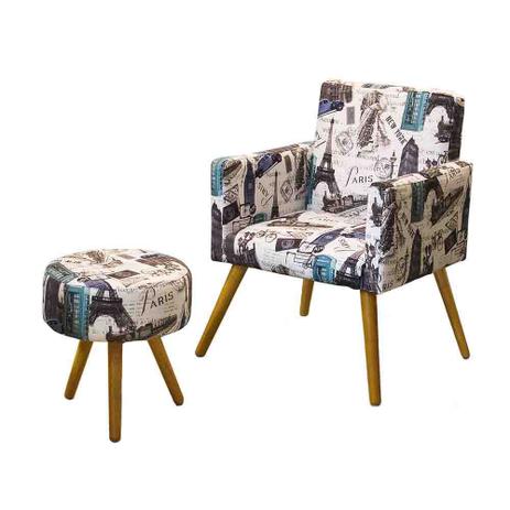 Conjunto Banqueta Florenza e Poltrona Larissa Suede Estampado Paris Turqueza - S.E. De Cristo - V7 decor Menor preço em Conjunto Banqueta Florenza e Poltrona Larissa Suede Estampado Paris Turqueza - S.E. De Cristo - V7 decor