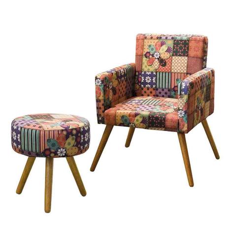 Conjunto Banqueta Florenza e Poltrona Larissa Suede Estampado Patchwork - S.E. De Cristo - V7 decor Menor preço em Conjunto Banqueta Florenza e Poltrona Larissa Suede Estampado Patchwork - S.E. De Cristo - V7 decor
