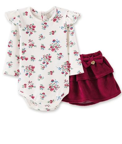 Conjunto Body manga longa e saia em plush Pingo Lelê Bordô/Floral Off White Menor preço em Conjunto Body manga longa e saia em plush Pingo Lelê Bordô/Floral Off White