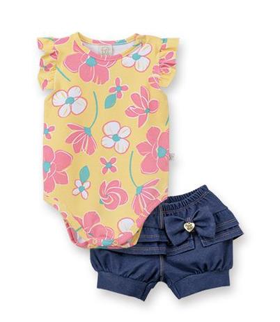 Conjunto Body Regata fru-fru com short Cotton Jeans Pingo Lelê Floral Amarelo / Tamanho 2 Menor preço em Conjunto Body Regata fru-fru com short Cotton Jeans Pingo Lelê Floral Amarelo / Tamanho 2