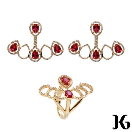 Conjunto Brinco e Anel Zircônias Gotas Rubi e Microzircônias Cristais Banhado Ouro 18k - Kelly guimarães Menor preço em Conjunto Brinco e Anel Zircônias Gotas Rubi e Microzircônias Cristais Banhado Ouro 18k - Kelly guimarães
