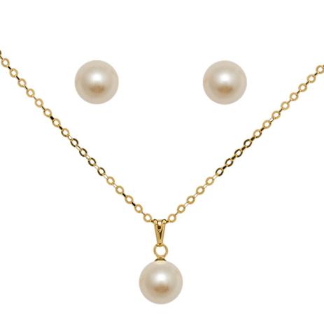 Conjunto Brinco e Colar de Pérola Dourado - Drusi Menor preço em Conjunto Brinco e Colar de Pérola Dourado - Drusi