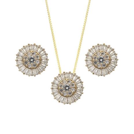Conjunto Brinco e Gargantilha Flor Zirconia Trapezio Cristal Banhado Ouro 18k - Kelly guimarães Menor preço em Conjunto Brinco e Gargantilha Flor Zirconia Trapezio Cristal Banhado Ouro 18k - Kelly guimarães